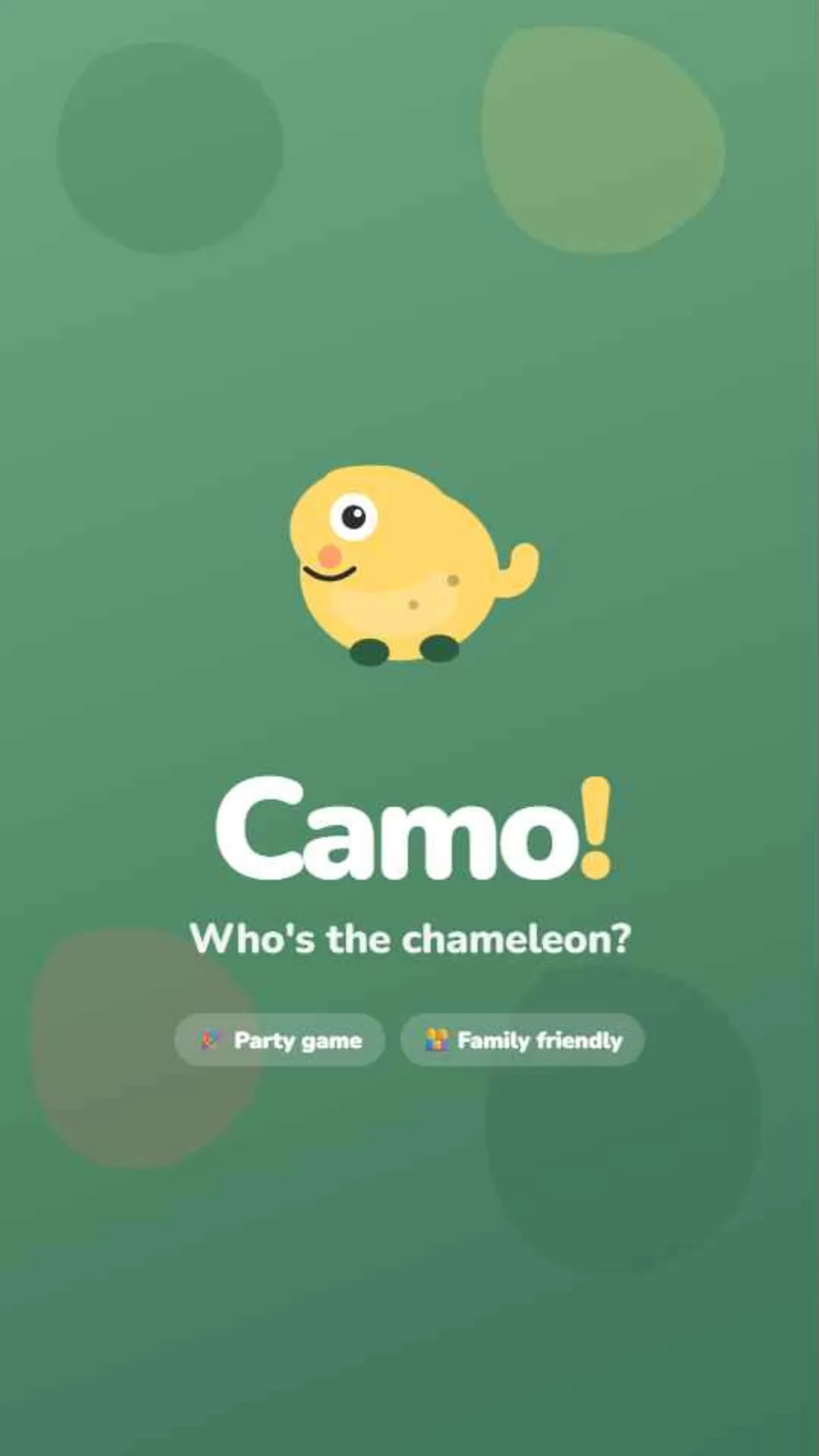 Camo's title screen: a yellow chameleon over the words Camo, who's the chameleon?