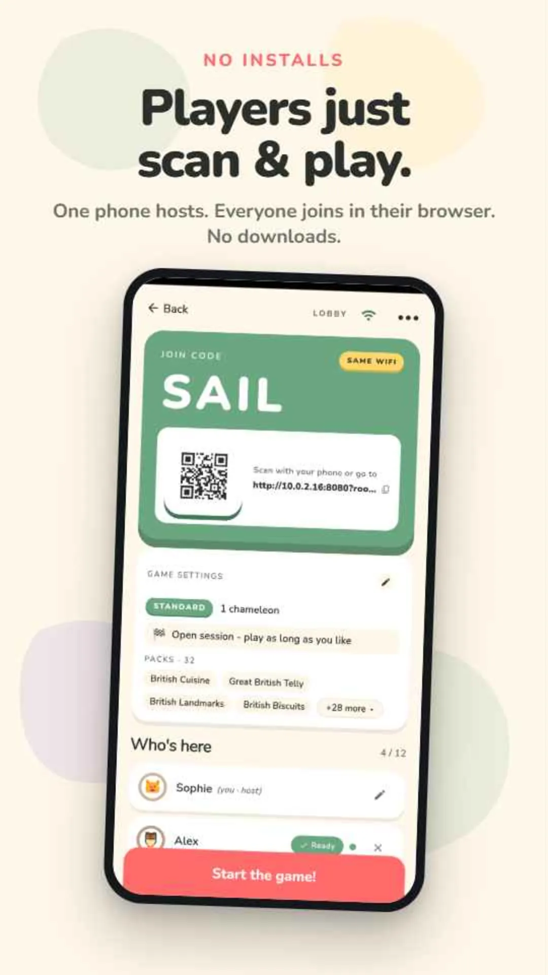 Players just scan and play. One phone hosts, everyone joins in their browser, no downloads.