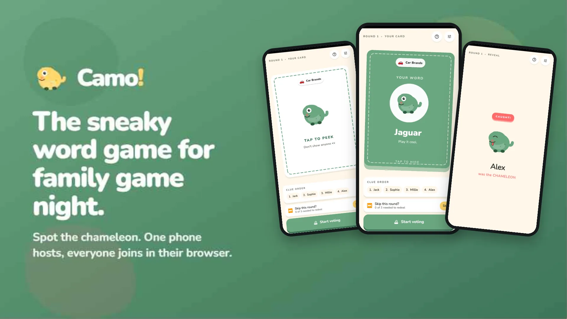 Camo on a tablet: the sneaky word game for family game night. Spot the chameleon.