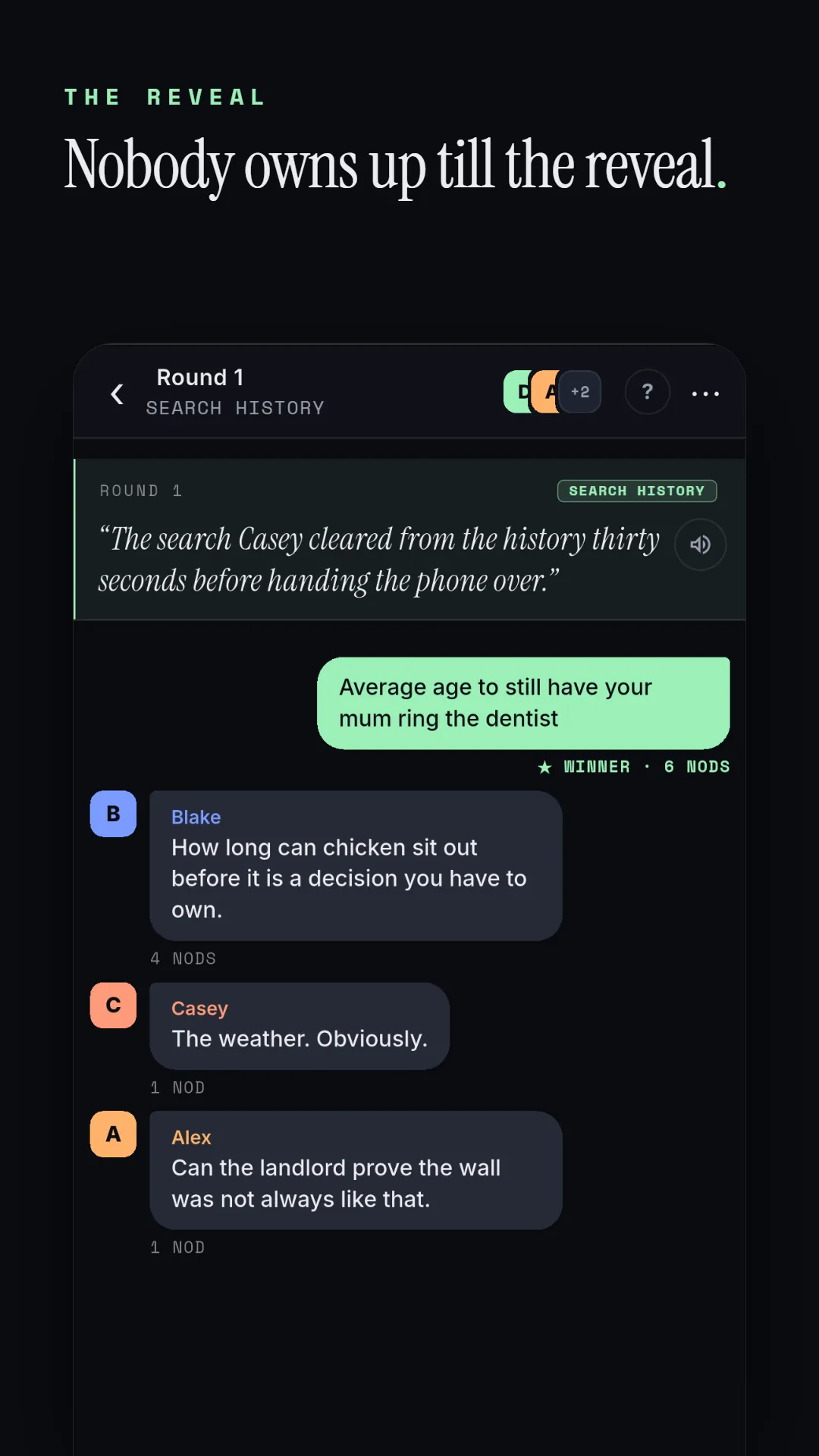 Nobody owns up till the reveal. Answers come back to the room's chat shuffled and anonymous.