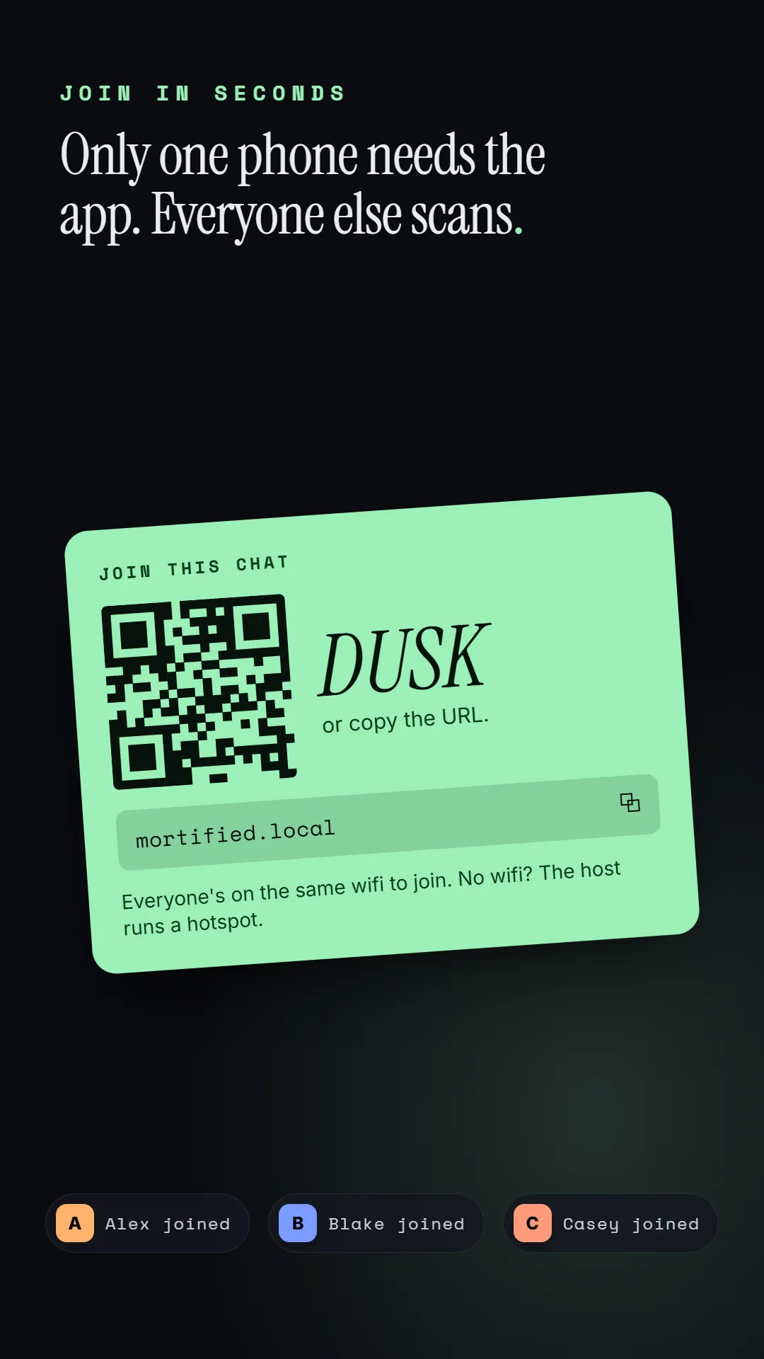 Join in seconds. Only the host needs the app, everyone else scans a QR code and plays from their browser.