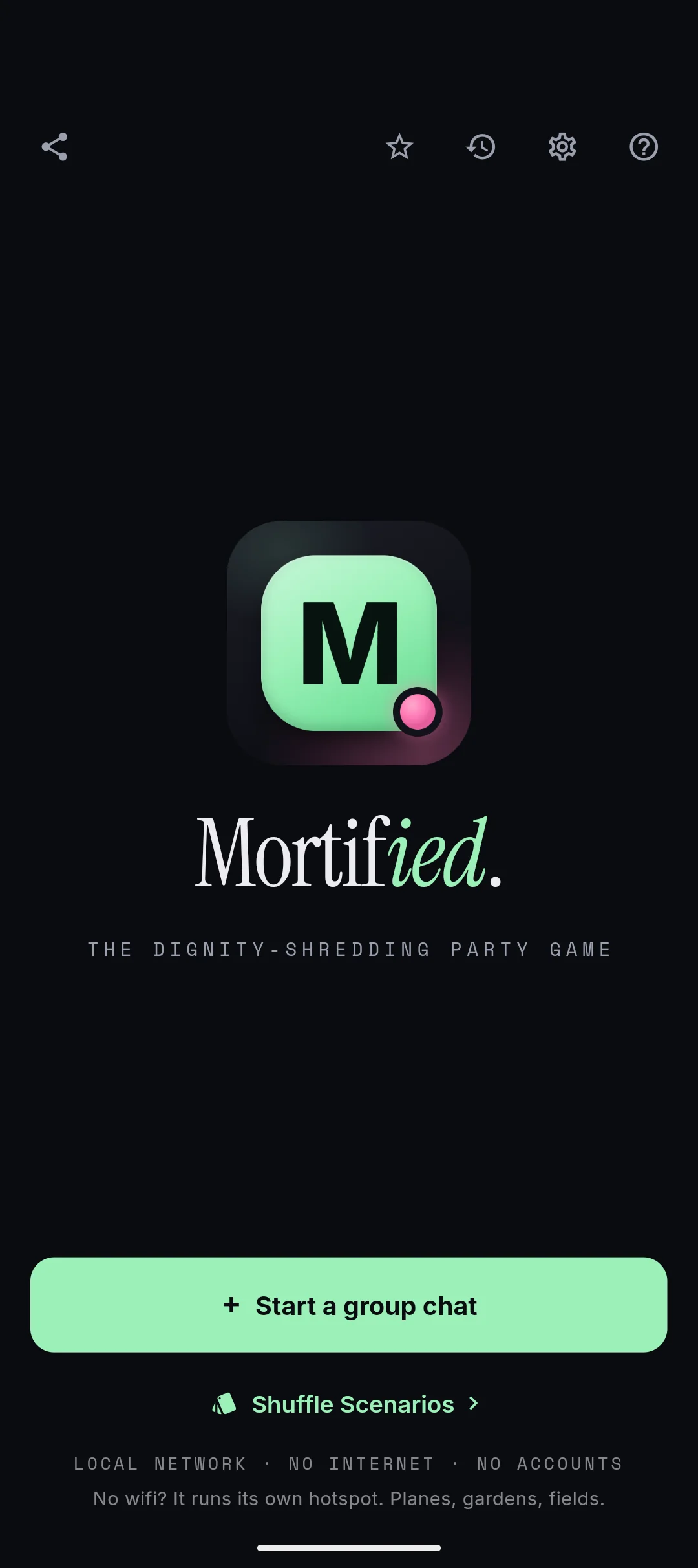 Mortified running on the host phone, from setup to the reveal.